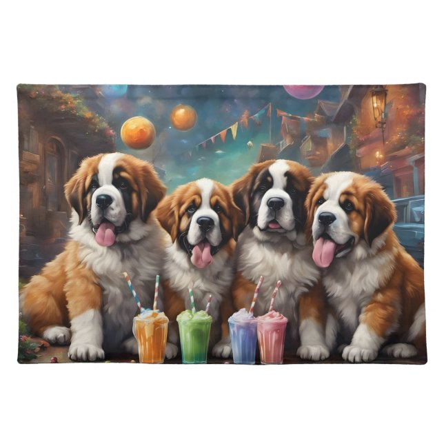 St Bernard Puppies and Milkshakes Cloth Placemat (Front)