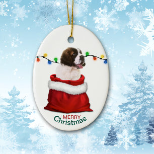 St Bernard Puppy Dog in Holiday Gift Bag Ceramic Ornament