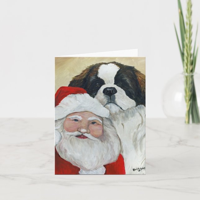 St Bernard & Santa Dog Art Christmas Greeting Card (Front)