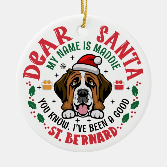 St. Bernard Swiss Dog Santa Christmas Personalized Ceramic Ornament (Front)