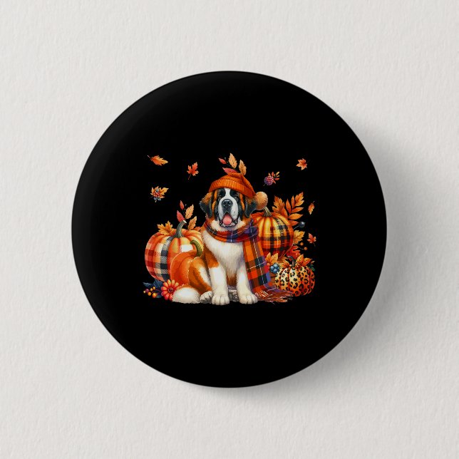 St. Bernard Thanksgiving Leopard Pumpkins Fall Lea Button (Front)