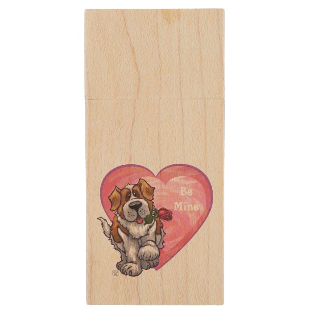 St. Bernard Valentine's Day Wood USB Flash Drive (Front Vertical)