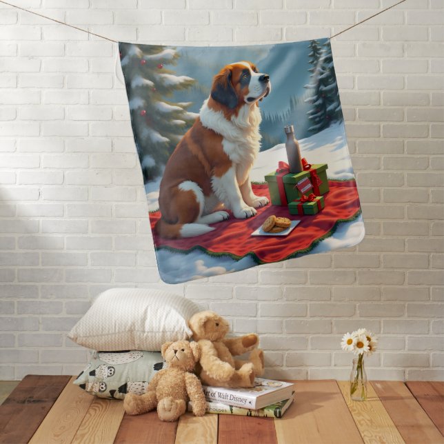 St. Bernard Winter Picnic Christmas Painting Baby Blanket (In Situ)