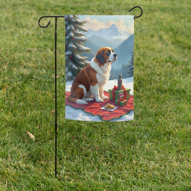 St. Bernard Winter Picnic Christmas Painting Garden Flag (In SItu)