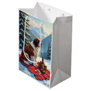 St. Bernard Winter Picnic Christmas Painting Medium Gift Bag