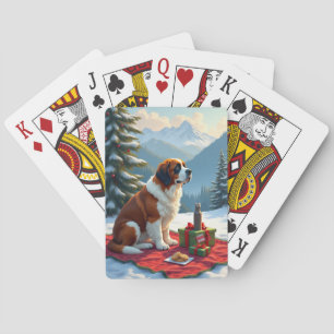 St. Bernard Winter Picnic Christmas Painting Poker Cards