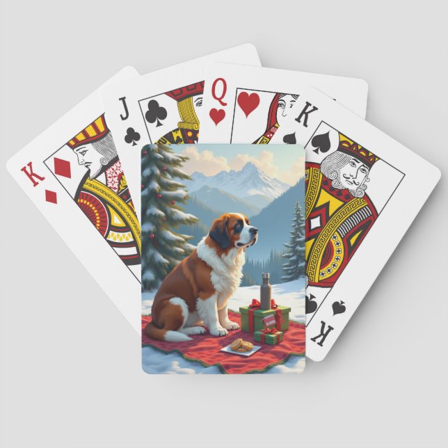 St. Bernard Winter Picnic Christmas Painting Poker Cards (Back)