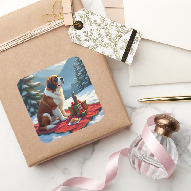 St. Bernard Winter Picnic Christmas Painting Square Sticker (Gifting)