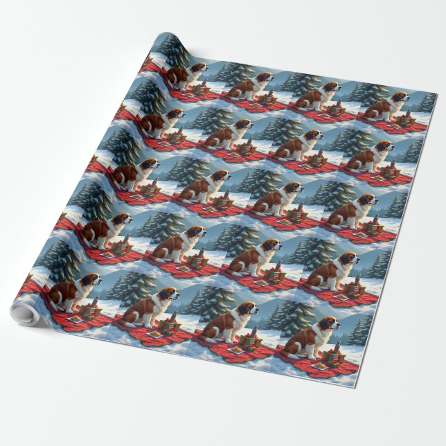 St. Bernard Winter Picnic Christmas Painting Wrapping Paper (Unrolled)