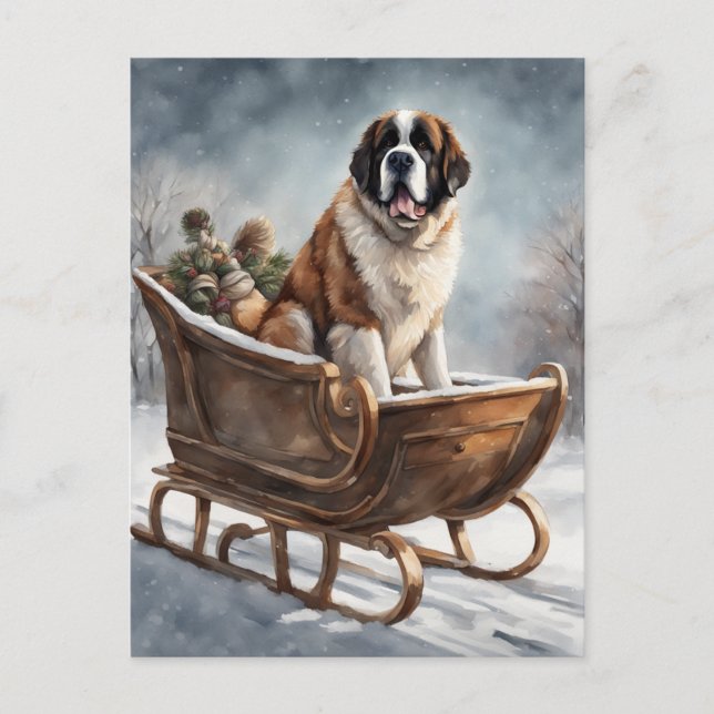 St Bernard Winter Sleigh Scene Postcard (Front)