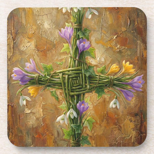 St Brigid Cross Green Rushes Crocus Imbolc Art Beverage Coaster (Front)