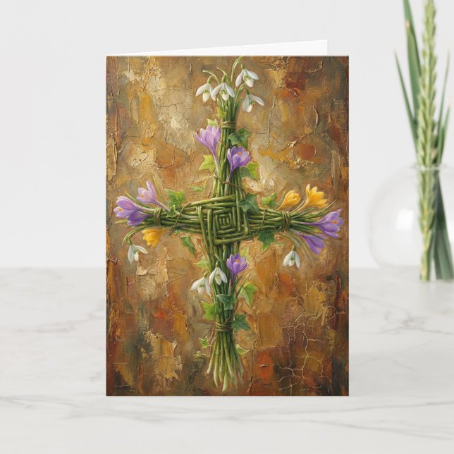 St Brigid Cross Green Rushes Crocus Imbolc Art Card (Front)