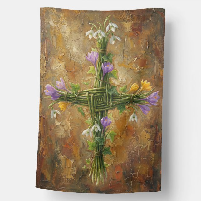 St Brigid Cross Green Rushes Crocus Imbolc Art House Flag (Front)