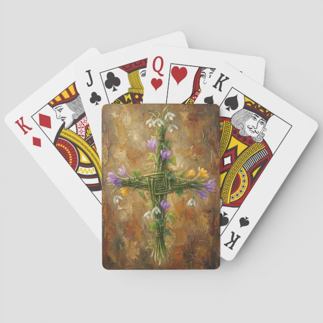 St Brigid Cross Green Rushes Crocus Imbolc Art Poker Cards (Back)