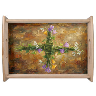 St Brigid Cross Green Rushes Crocus Imbolc Art Serving Tray