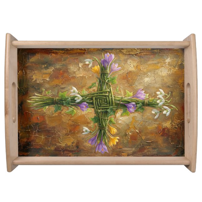 St Brigid Cross Green Rushes Crocus Imbolc Art Serving Tray (Front)