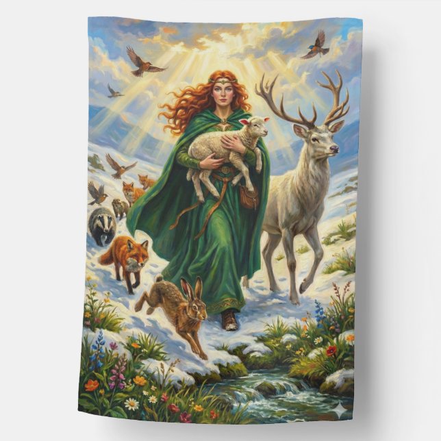 St Brigid Spring Goddess Woodland Animals Imbolc House Flag (Front)