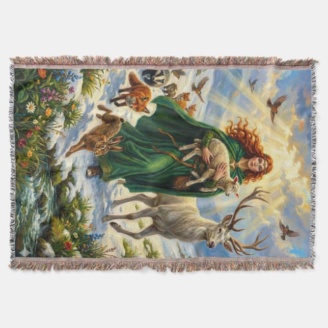 St Brigid Spring Goddess Woodland Animals Imbolc Throw Blanket (Front)