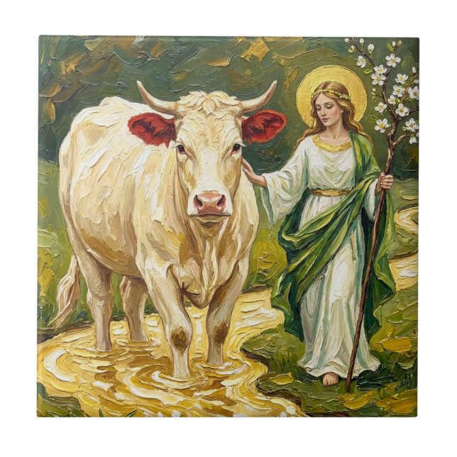 St. Brigid & The White Cow (Imbolc) Ceramic Tile (Front)