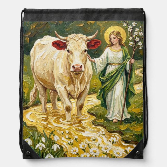 St. Brigid & The White Cow (Imbolc) Drawstring Bag (Front)