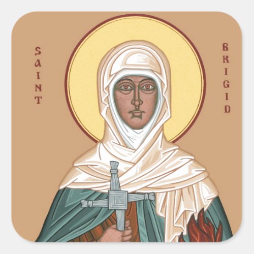St Brigid with Holy Fire and Cross Square Sticker