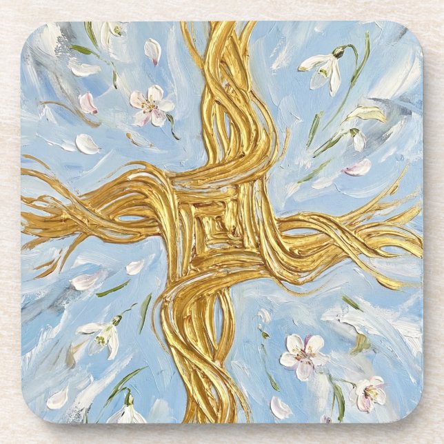 St Brigid's Cross Snowdrops Golden Imbolc Art Beverage Coaster (Front)