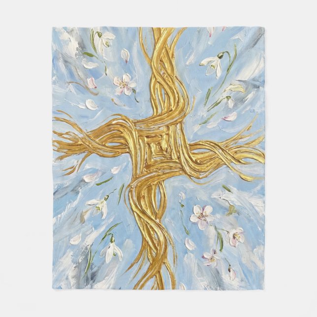 St Brigid's Cross Snowdrops Golden Imbolc Art Fleece Blanket (Front)