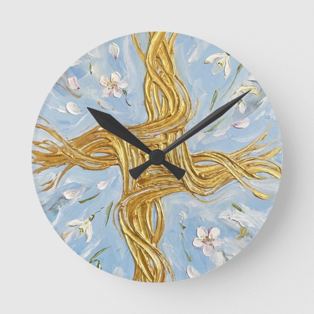 St Brigid's Cross Snowdrops Golden Imbolc Art Round Clock (Front)