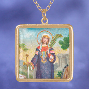 St. Catherine of Alexandria in Egyptian Dress Gold Plated Necklace