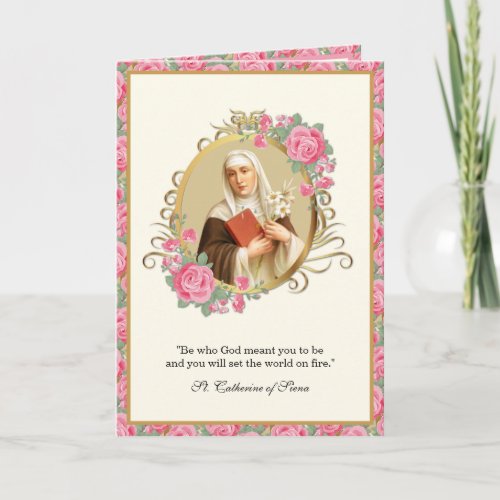 St Catherine of Siena Religious Prayer Pink Roses Card