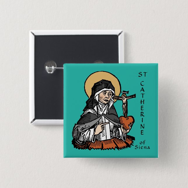 St. Catherine of Siena with Crucifix-Topped Heart  Button (Front & Back)