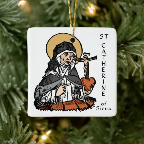 St Catherine of Siena with Crucifix_Topped Heart  Ceramic Ornament