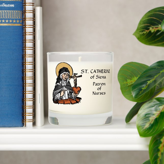 St. Catherine of Siena with Crucifix-Topped Heart Scented Candle (Shelf)
