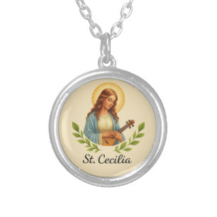 St. Cecilia Catholic Saint with Halo and Green Silver Plated Necklace