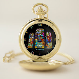 St. Cecilia Playing Organ Stained Glass Imitation Pocket Watch