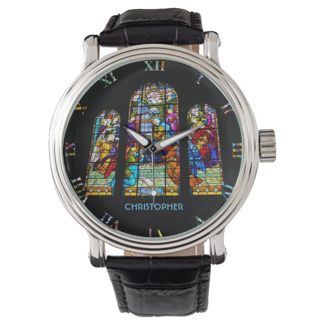 St. Cecilia Playing Organ Stained Glass Imitation Watch (Front)