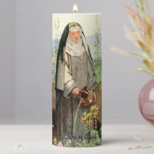 St Clare of Assisi Watering Flowers (M 065) 3"x8"" Pillar Candle