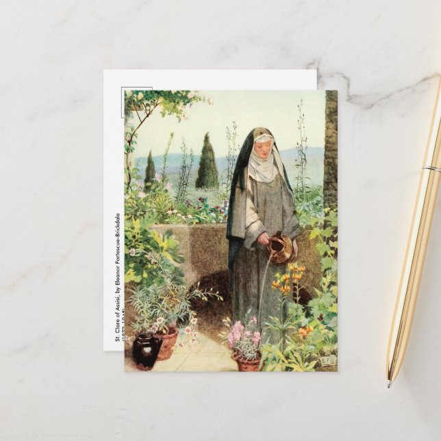 St Clare of Assisi Watering Flowers (M 065) Postcard (Front/Back In Situ)