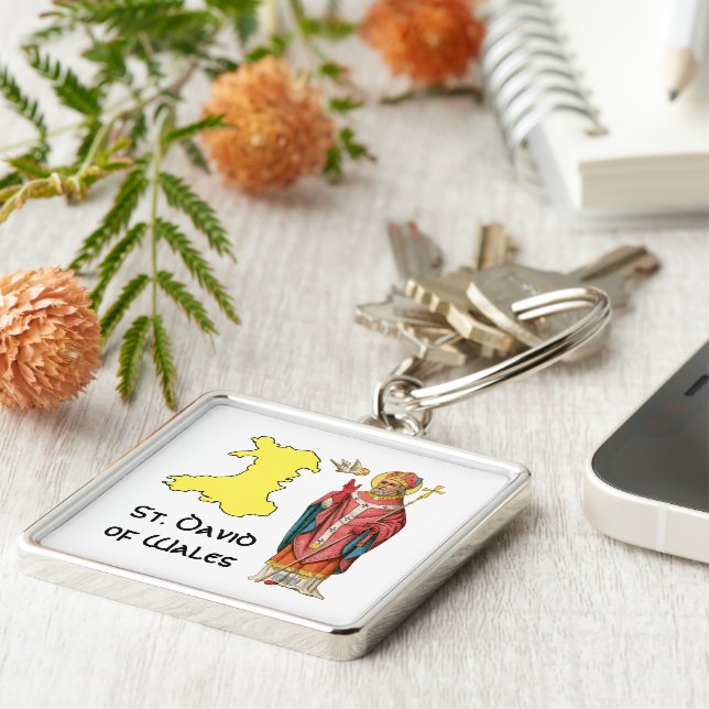 St. David of Wales (P 001) with Outline Map Keychain (Side)