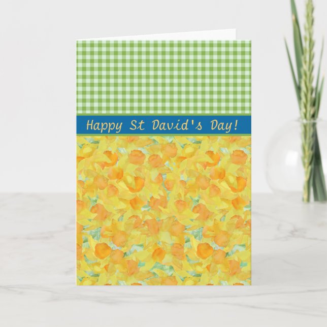St David's Day Card, Golden Daffodils and Gingham Card (Front)