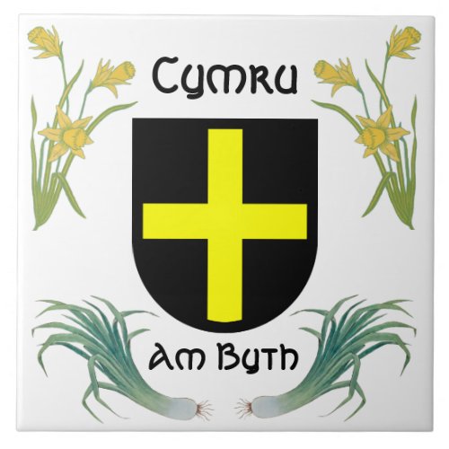 St Davids Shield with Daffodils  Leeks Ceramic Tile