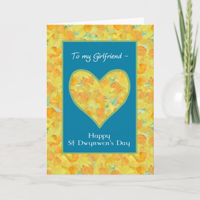 St Dwynwen's Day Daffodils Heart, for Girlfriend Card (Front)