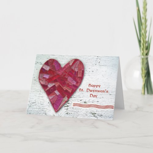 St Dwynwens Day Patchwork Heart on Wood Holiday Card