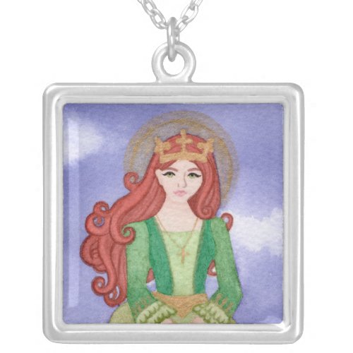 St Dymphna Survivor Watercolor Patron Saint Silver Plated Necklace