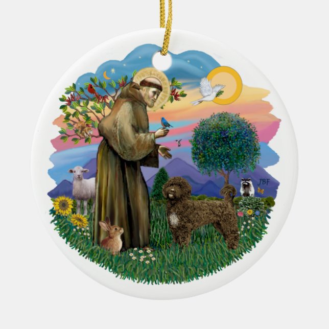 St Francis -  Brown Portuguese Water Dog Ceramic Ornament (Front)