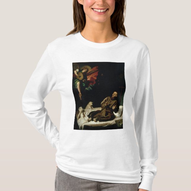 St. Francis comforted by an Angel Musician T-Shirt (Front)
