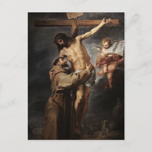 St Francis of Assisi Embracing Christ by Murillo Postcard