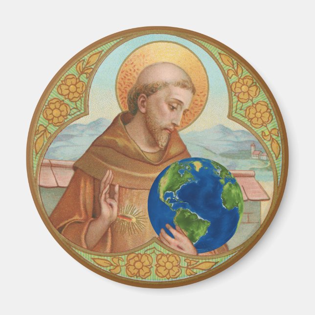St. Francis of Assisi Holding Earth Button Magnet (Front)
