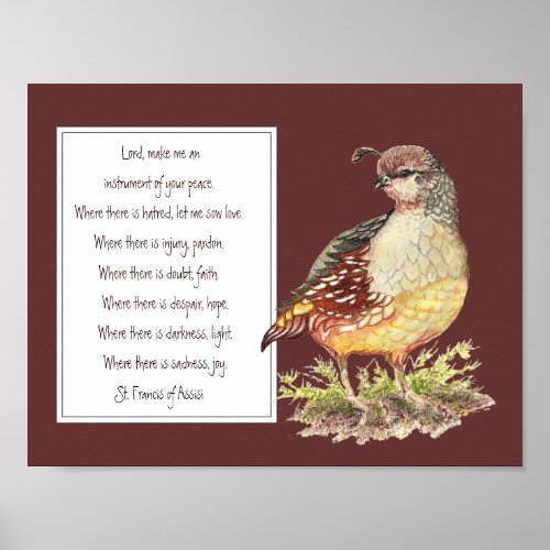 St Francis of Assisi Prayer California Quail Bird Poster