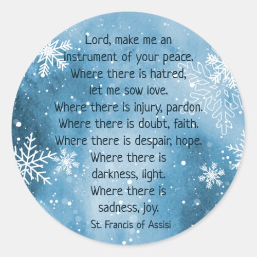 St Francis of Assisi Prayer Snow Snowflake Winter Classic Round Sticker